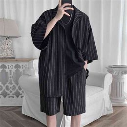 Summer Men Set Shirts and Shorts Lightweight Letter Striped Half Sleeve Knee-Length Baggy Short Oversize Suit Clothing Man 210722