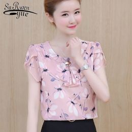 Women short shirt top and chiffon blouse summer fresh printing O-neck beautiful Lady op 2745 50 210521