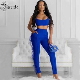 Women's Suits & Blazers VC 2021 Two Pieces Sets Blue Feathers Sexy Spaghetti Strap Celebrity Christmas Party Bandage Pants Suit