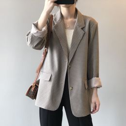 Women Casual Interview Daliy Plaid Blazer Notched Long Sleeve Loose All Match Jacket Fashion Spring Autumn 16W926 210510