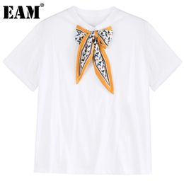 [EAM] Women White Big Size Casual Brief Bow Scarf T-shirt Round Neck Short Sleeve Fashion Spring Summer 1DD7900 210512