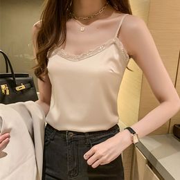 Korean Silk Women Tops Woman Satin Lace Tank Sleeveless Strap Camis Sexy Halter Plus Size V Neck 210427