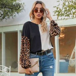 Round Neck Drop Shoulder Colour Block Leopard Print T-Shirt Women Spring Long Sleeve Casual Tshirt and Tees Female 210510