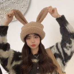 Cute Rabbit Ears Lambswool Beanies Hat Women Autumn Winter Wool Hat Lady Girl Outdoor Fashion Hip Hop Solid Warm Bonnet
