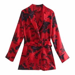 Women Floral Printing Tailored Collar Sashes Red Shirts Female Long Sleeve Blouses Casual Lady Loose Tops Blusas S8198 210323