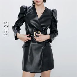 Vintage sashes PU leather dress women retro black mini Sexy v neck puff sleeve office party winter korean vestidos 210521