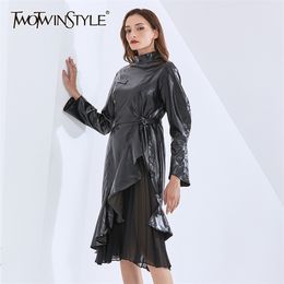 Patchwork Lace Up Pu Women Dress Stand Collar Puff Long Sleeve High Waist Ruched Black Dresses Female 210520