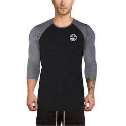 Brand t shirt men 3/4 Sleeve T shirts O-neck Cotton Slim FIt Fitness t-shirt fashion casual man tight tee T-shirt gym clothing 210421