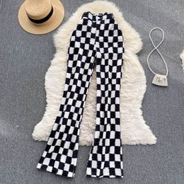 New women's high elastic waist chessboard plaid grid pattern slim sexy fashion flare long pants trousers SMLXLXXL