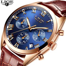 Lige Luxury Brand Mens Quartz Watch Men's Waterproof Fashion Sports Watch Men's Leather Watch Relogio Masculino+box Q0524