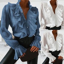 V-neck Women Elegant Blouses Blue White Ruffles Front Buttons Retro Shirts Office Lady Spring Autumn Long Sleeve Casual Tops