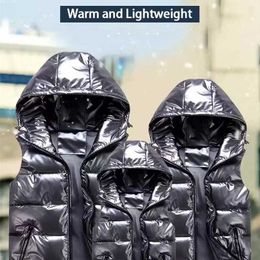 Women Bright Colour Hooded Vests Female Coat Winter Men Sleeveless Down Autumn Zipper Jacket Parent-Child Vest Cotton 211216