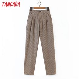 Tangada winter fashion women plaid pattern wool suit pants trousers pockets buttons casual pants pantalon DZ03 211112