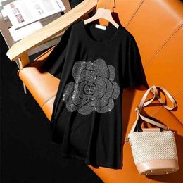 Summer new fashion Loose plus size short-sleeve T-shirt for women casual personality Flowers pattern hot diamond female tops 210324