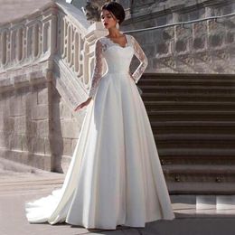 Modest Lace Appliqued A-line Satin Wedding Dresses Bridal Gowns V Neck Sheer Back Long Sleeve Plus Size For Women Princess White Ivory Robe de Mariee