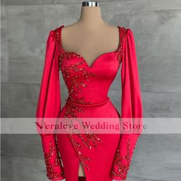 Red Mermaid Formal African Prom Dress 2022 Long Sleeves Split Vestidos Reception Dresses For Women Nigerian Evening Gowns