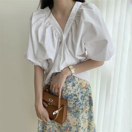 Fashion Button Up COTTON Shirt Vintage Blouse Women White Lady Puff Short Sleeves Female Loose Street Shirts 210529