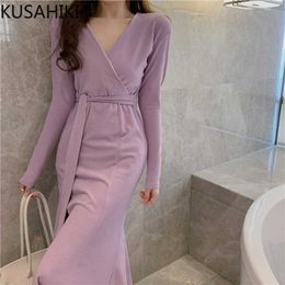 Korean Elegant Sashes Slim Waist Dresses Long Sleeve V-neck Women Vestidos Femme Spring Dress 6F591 210603