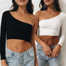 2021 Women Sexy Fashion Single Sleeve T-shirt Newest Hot One Shoulder Slope Long Sleeve Crop Top Female Black Withe Solid Tops X0628