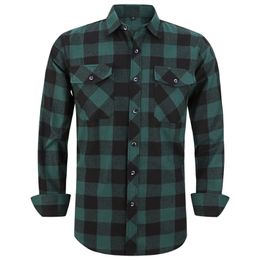 Men's Plaid Flannel Shirt Spring Autumn Male Regular Fit Casual Long-Sleeved Shirts For (USA SIZE S M L XL 2XL) 210809