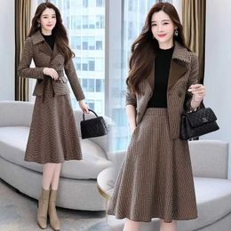 Office Lady Elegant Plaid Skirt Two Piece Set Women Fall Winter Vintage Lace Up Short Suit Jacket And A-Line Skirt Female Outfit 211119