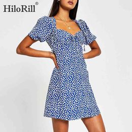 Summer Puff Short Sleeve Sweet Mini Dresses V Neck Bow Tie Dot Print Elegant Back Hollow Out Chic 210508