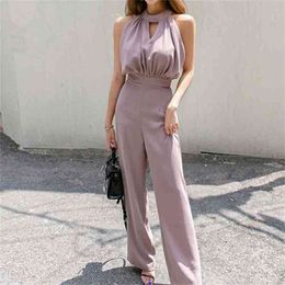 Summer Women's Korean Style Neck Jumpsuits Slim Waist Sleeveless Off Shoulder Wide Leg Long Rompers Office Lady 210603