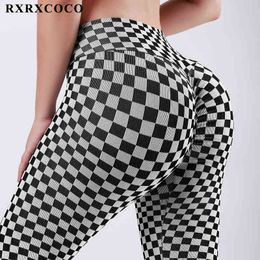 RXRXCOCO Yoga Leggings Women Sport Fitness Black And White Grid Seamless Leggings Push Up High Waist Gym Tights Sexy Yoga Pants H1221