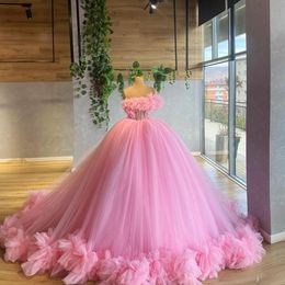 2021 Pink Long Evening Dresses Pearls Strapless Tulle Prom Gowns Ruffles Custom Made Formal Party Dress