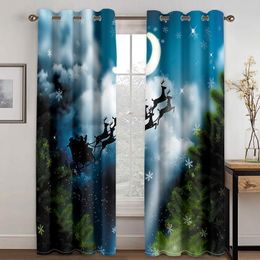 -Drapes de cortina 3D Reno de Navidad Luna de nieve con patrón de gancho, adecuado para cortinas familiares en sala de estar y dormitorio para niños