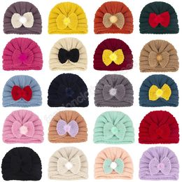 Autumn Winter Baby Kids Knitted Hat Wool Ball Bowknot Skull Cap Boys Girls Warm Beanie Children Turban Hats 21 Colors