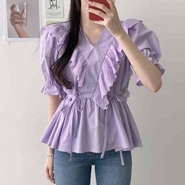 Women Purple Splicing Lace Side Lacing Blouse V-neck Short Puff Sleeve Shirt Fashion Spring Summer 16F0682 210510