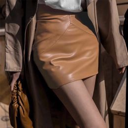 Faux Leather PU Bodycon Skirt Women High Waist Khaki Mini Bottoms Autumn Winter Black Office Ladies s 210427