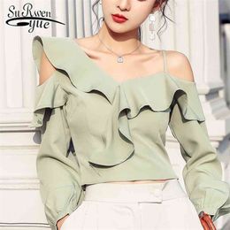 Korean Fashion Clothing Sexy Long Sleeve Off Shoulder Top Streetwear Irregular Blouse Casual Chiffon Ruffle Tops 8200 50 210521