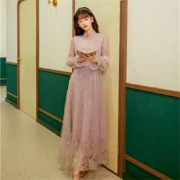 Spring Embroidery Party Dress Lace Long Women Vintage Lady Full Sleeve Evening Elegant Mid-Calf 210603