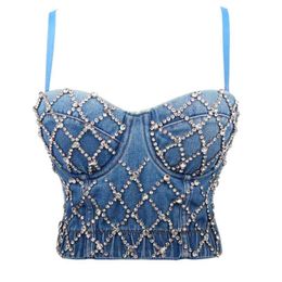 Women Denim Caims Bustier Bra Cropped Top Sexy Vest Diamond Push Up Crop Tank Clothes Adjustable 210515