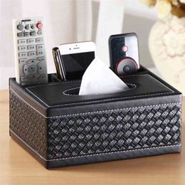 PU Leather Tissue Box Cover Desk Makeup Cosmetic Organizer Remote Controller Phone Holder Home Office Paper Napkin 210818