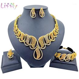 Earrings & Necklace African Fashion Jewellery Sets Elegant Women Gold Bracelet Dubai Party Ring Crystal Gift