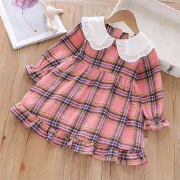 Baby / Toddler Girl Doll Collar Plaid Long-sleeve Dress 210528