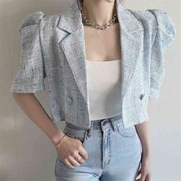 Korean Elegant Fashion Short Tweed Jacket Women Summer Puff Sleeve Vintage Crop Top Female Coat Woman Outwear Tops 210514