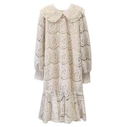 Women Beige Black Peter Pan Collar Lace Hook Flower Hollow Out Lantern Long Sleeve Empire Midi Dress Sweet D2173 210514