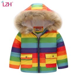 LZH Fashion Colour Stripes Teenage Girls Boys Jacket Long-Sleeved Hooded Warm Thickening Autumn Winter Unisex 2 3 4 5 6 Year 211204