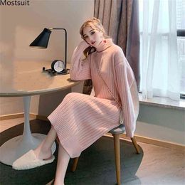 Winter Women Long Knitted Dress Elegant Full Sleeve Turtleneck Loose Heart Thicken Sweater Dresses Korean 210513