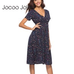 Jocoo Jolee Chiffon Dress Women Summer Boho Short Sleeve V Neck Floral Print Midi Dress Elegant Elastic Waist Beach Party Dress 210619