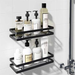 Bathroom Shelf Space Aluminium Black Storage Holder Bath Shower 20-50cm Kitchen Wall Toilet Shampoo No Drill 211112