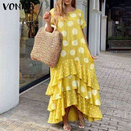 Summer Women Dress VONDA Short Sleeve Polka Dot Print Dresses Vintage Irregular Hem Party Ruffled Long Robe Bohemian Vestidos Y1204