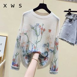 plus size women floral print mohair sweater loose casual long sleeve kint jumper fashion oversized pullover jersey mujer 210604