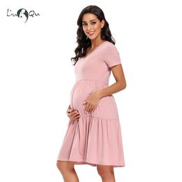 Women Short Sleeve Maternity Dress V-neck Casual Flowing Tunic Dress Pregnancy Clothes High Waist Pleated Elegant Charming Dress Q0713
