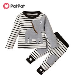 Arrival Autumn and Spring Elephant Applique Striped Top Pants Set Baby Kids Clothes 210528