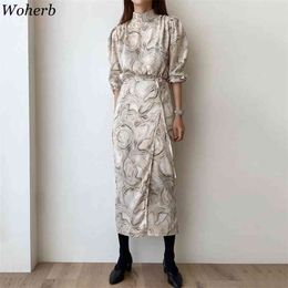 Korean Elegant Stand Collar Runway Dress Women Long Sleeve Spring Robe Dresses Vintage Print Maix Vestidos 210519